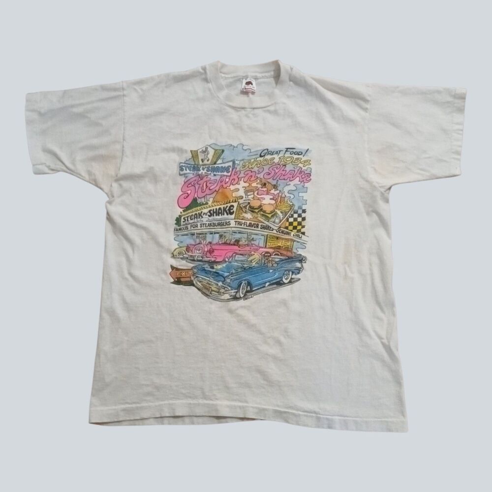 Vintage 90s Steak n Shake T Shirt XL Single Stitch Fruit USA Cars Graphic